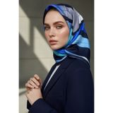 Vissona %57 İPEK %43 VİSKON Twill İpek Geometrik Fırça İzi Desenli Lacivert - Saks Renkli 90x90 Eşarp Dikim