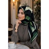 Vissona %57 İPEK %43 VİSKON Twill İpek Geometrik Fırça İzi Desenli Siyah - Zümrüt Yeşili Renkli 90x90 Eşarp