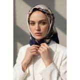 Vissona % 57 İPEK % 43 VİSKON Twill İpek Gold Efektli Geometrik Desenli Lacivert - Krem Renkli 90x90 Eşarp D