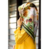 Vissona % 57 İPEK % 43 VİSKON Twill İpek Sulu Boyalı Çiçek Desenli Haki - Vizon Renkli 90x90 Eşarp Dikim Şek