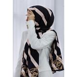 Vissona LÜKS MEDİNE İPEĞİ ÇİZGİLİ VE ZİNCİR DESENLİ SİYAH - KREM RENKLİ 75X195 KIRIŞMAZ ŞAL MOSS KREP DİKİŞ