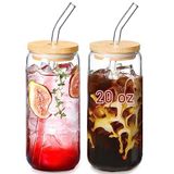 VITEVER Bambu Kapaklı ve Cam Pipetli 590 ml Cam Bardaklar - Bira Kutusu Şekilli İçecek Bardağı Seti, Buzlu Kahve Bardakları, Smoothie için Sevimli Bardak Fincanı, Boba Çay, Viski, Su, Hediye - 2 Paket