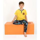 Vitmo Erkek Çocuk Kısa Kollu Düğme Detaylı %100 Pamuklu Pijama Takımı Skate - Sarı - 3 - 4 Yaş