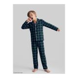 vitmo Erkek Çocuk Uzun Kollu Düğmeli %100 Pamuklu Pijama Takımı Yeşil Ekose