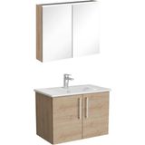 VitrA 72171 Root Flat Kapaklı Banyo Dolabı Seti, Lavabo Bataryası ve Ara Musluk Dahil, 80 cm, LED Aydınlatmalı, Doğal Meşe