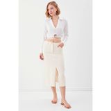Vitrin Beli Halka Detaylı V Yaka Lastikli Crop Bluz - Ekru