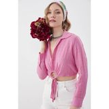 Vitrin Beli Halka Detaylı V Yaka Lastikli Crop Bluz - Fuşya
