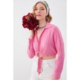 Vitrin Beli Halka Detaylı V Yaka Lastikli Crop Bluz - M - Fuşya