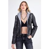 Vitrin Kapüşonlu Suni Deri Crop Biker Ceket