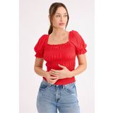 Vitrin Kare Yaka Viskon Keten Crop Bluz