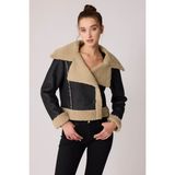 Vitrin Önü Düğmeli Kürklü Crop Biker Ceket - Camel