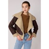 Vitrin Önü Düğmeli Kürklü Crop Biker Ceket - Kahverengi - Camel