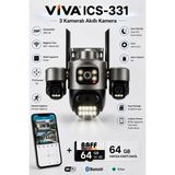 Viva ICS-331 3 Kameralı Akıllı Dış Mekan PTZ WiFi Güvenlik Kamerası (3MP, ICSee, AI İnsan Takip, Çift Yönlü Ses) + 64 GB Hafıza Kartı Dahil - 64GB - Hafıza Kartlı