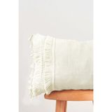 Vivamaison Tekli Özel Tasarım Beyaz Dantelli Püsküllü Keten Kırlent Yastık Kılıfı 30X50 cm - 30 x 50 cm - Krem