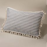 Vivamaison Tekli Özel Tasarım Gri Çizgili Keten Ponponlu Kırlent Yastık Kılıfı 35x55 cm - 35 x 55 cm