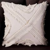 Vivamaison Tekli Özel Tasarım Krem Çoklu Püsküllü Keten Kırlent Yastık Kılıfı 43x43 cm - 43 x 43 cm