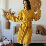 Vivamaison Yetişkin Kimono Bornoz, %100 Pamuk 4 Kat Multi Müslin Hardal - L-XL