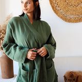 Vivamaison Yetişkin Kimono Bornoz, %100 Pamuk 4 Kat Multi Müslin Koyu Yeşil - L-XL