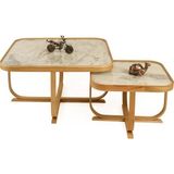 Vivense Hisar Ikili Set Orta Sehpa, Meşe Beyaz Mermer Tablalı - 90 cm x 90 cm x 45 cm