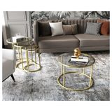 Vivense Royal Orta ve Zigon Sehpa Seti, Şeffa Cam, Gold - 75 cm x 75 cm x 45 cm