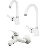 Vivenzo Beyaz Delta Banyo Lavabo Mutfak Batarya Musluk Seti Ara Musluk Pirinç Set