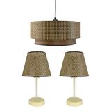 Vivido Home Lina Üçlü Avize & Abajur Seti, Hasır Kahve-Ahşap Desen
