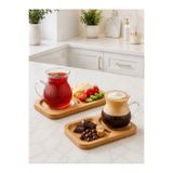 Vivien 2li 4parça bambu tabaklı borosilikat Cam Kulplu Bardak 150 ML Cam Çay ve Kahve Bardağı
