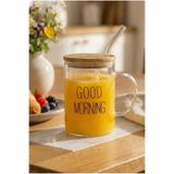 Vivien Home 400ml Bambu Kapaklı Isıya Dayanıklı Cam Borosilikat Kupa Bardak Kahve Ve Sunum Bardağı