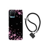 Vivo Y21s ile Uyumlu Kılıf Desenli Silikon Boyun Askılı Black Flowers 1391
