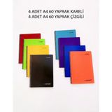 Viya Home Uni Note A4 Spiralli Defter Seti 8 Adet (4 Kareli + 4 Çizgili) 60 Yaprak Renkli Plastik Kapak Okul ve Ofis Defteri - Çoklu