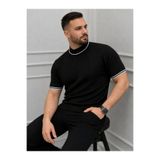 viyamen Erkek Fitilli Triko Dokuma Kısa Kol Tişört Yarım Boğaz Modern Yazlık T-Shirt - Siyah