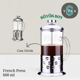 Vizka French Press , Filtre Kahve , Bitki Çayı Demleme Cam /600ml Büyük Boy - Gümüş