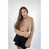 Vizon Fitilli Oversize Balıkçı Yaka Kadın Crop Kazak - Vizon - Vizon - Standart