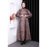 Vizon Leopar Desenli Kuşaklı Elbise - 42