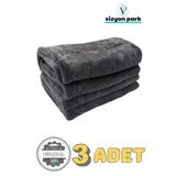 Vizyon Park 3 Adet Mikrofiber Kalın Süper Emici Çift Yüzlü Araç Kurulama Havlusu ve Cila Bezi 50 x 70 Cm- Gri