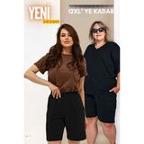 Vladivosto Diz Hizasında Beli Lastikli Cepleri Derin Ekstra Bol Kalıp Oversize Baggy Büyük Beden Yüksek Bel Şort - Siyah - Siyah - 9XL