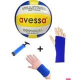 VLB-100 3'lü Set Deri Soft Touch 3 Astar Dikişli Voleybol Topu + Pompa + Kolluk + Havlu Bileklik - No: 5 - Sarı - Lacivert