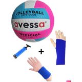 VLM-700 Dikişli Soft Touch 280 gr Fosforlu Deri Voleybol Topu No:5 + Pompa + Kolluk + Havlu Bileklik - No: 5 - Sarı - Beyaz