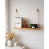 Vobu Home & Life Design Halat İpli Masif Ahşap Duvar Rafı, İskandinav ve Bohem Kitaplık, Dekoratif Mutfak Rafı - 45 x 13 cm