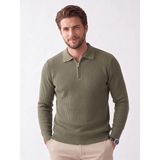 Vocens Erkek Polo Yaka Yarım Fermuarlı Fitilli Triko Kazak Ince - Haki - 2XL