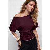 VODENS Bordo Asimetrik Bele Oturan %97 Pamuk Yarasa Kol Bluz