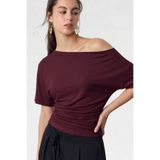 VODENS Bordo Asimetrik Büzgülü Bele Oturan %97 Pamuk Kısa Kol Bluz