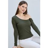 Vodens Kadın Haki Omuz Açık Kaşkorse Basic Uzun Kollu Bluz