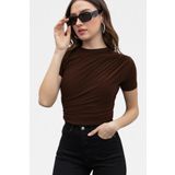 VODENS Kadın Kahverengi Bisiklet Yaka Büzgülü Sandy Kısa Kol Bluz