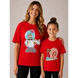 Vodexa Anne Çoçuk Oversize Tişört Kombin Twin T-Shirt %100 Pamuk Rahat Kalıp (Tekli Olarak Satılmaktadır) - 7 - 8 Yaş - Kırmızı