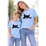VODEXA Anne Erkek Çocuk Kombin Oversize Tişört Twin T-Shirt ANNE COCUK SİYAH KEDİ Baskılı (Tekli Fiyat)