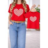 Vodexa Anne Kız Çocuk Kombin Oversize Tişört – Anne & Çocuk Twin T-Shirt Çiçek Kalp Baskılı - 9 - 10 Yaş - Kırmızı