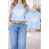 Vodexa Anne Kız Çocuk Kombin Oversize Tişört – Anne & Çocuk Twin T-Shirt Çiçek Kalp Baskılı - 9 - 10 Yaş - Mavi