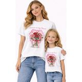 Vodexa Anne Kız Çocuk Kombin Oversize Tişört – Anne & Çocuk Twin T-Shirt Çiçekli Kız Baskılı - 5 - 6 Yaş - Beyaz