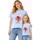 Vodexa Anne Kız Çocuk Kombin Oversize Tişört – Anne & Çocuk Twin T-Shirt Çiçekli Kız Baskılı - 5 - 6 Yaş - Mavi